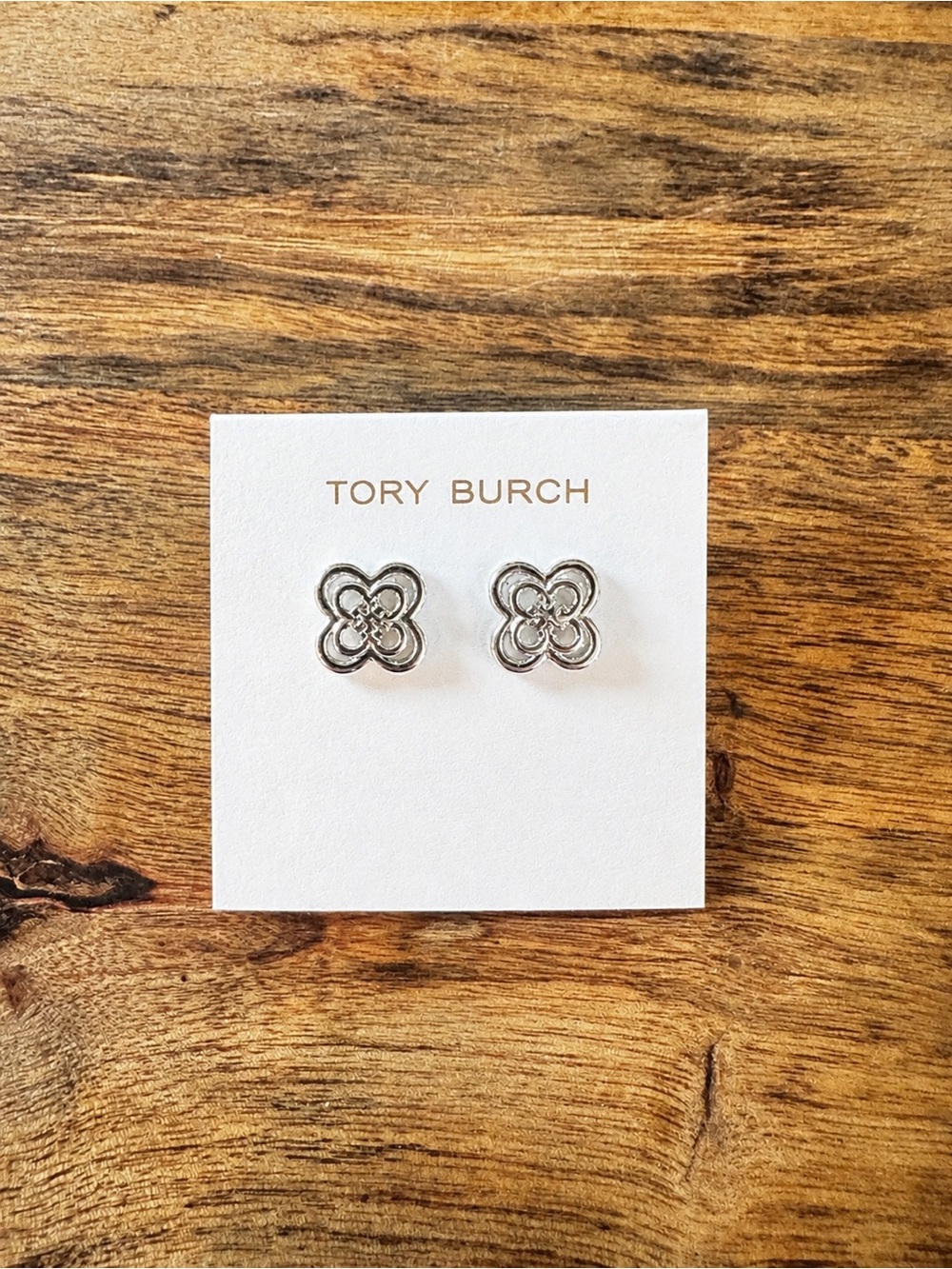 Tory Burch Silver Four-Petal Logo Stud Earrings